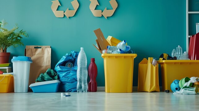 Image of assorted recyclable items sorted by material type in an office interior