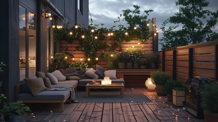 A Scandinavian terrace with minimalist outdoor furniture, wooden planters, and string lights for a cozy evening ambiance