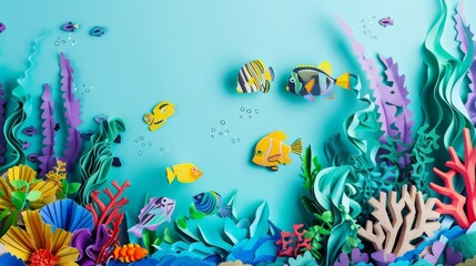 Fototapeta na wymiar Paper-Crafted Underwater Scene with Colorful Fish Macro Shot