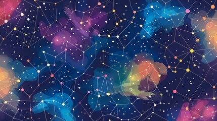 Seamless vector pattern featuring constellations in an abstract galaxy design with cartoon stars, perfect for kids' backgrounds and textures.