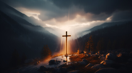Fototapeta premium Silhouettes of crucifix symbol on top mountain with bright sunbeam on the colorful sky background