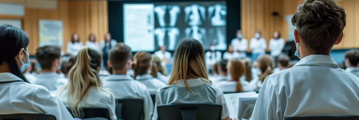 A rear view of people attending a medical seminar with projected X-rays - Powered by Adobe