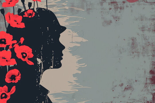 Soldier's profile silhouette with red poppies in a minimalist vector design for Memorial Day.