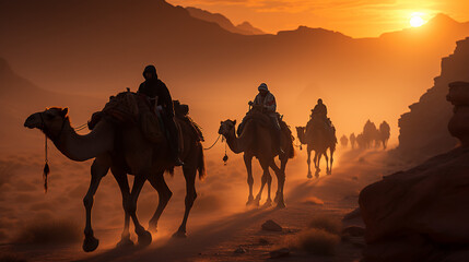 Desert adventure with camels ride and travellers on sand dunes