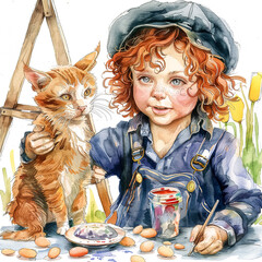 A young artist, a boy with curly red hair, paints with his red cat while sitting at the table. Watercolor illustration on a white background.