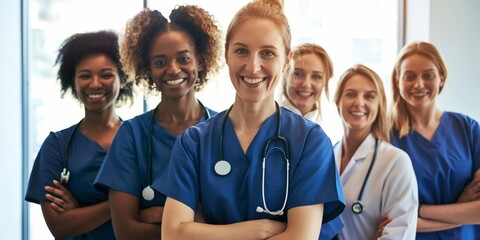 Happy and confident female nurse leading a team of diverse healthcare professionals
