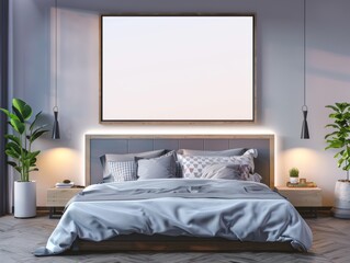 Modern Interior Mockup: Blank Poster on Bedroom Wall