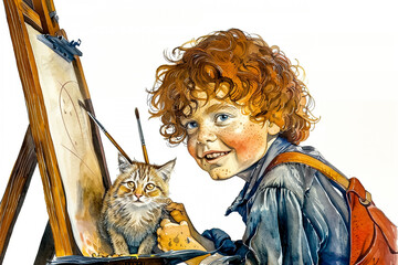 A young artist, a boy with curly red hair, together with his red cat, paints an oil painting on canvas mounted on an easel. Watercolor illustration on a white background.