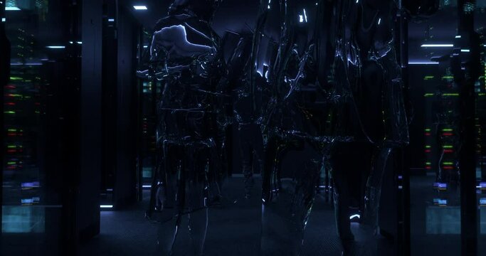 Amidst the sterile environment of a computer server room, a group of abstract business executives acts like digital navigators.