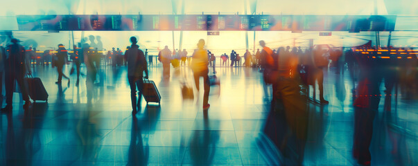 Blurred motion of busy airport terminal with travelers