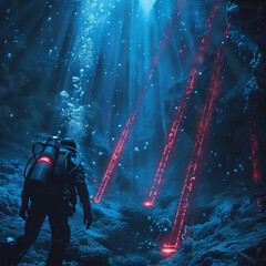 Diver exploring an underwater cave with beams of light
