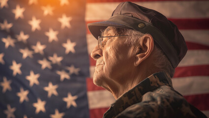 elderly veteran war hero senior latin hispanic american male old man on the background of the American flag