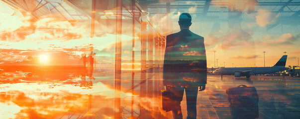 Silhouette of a man in an airport during sunset.