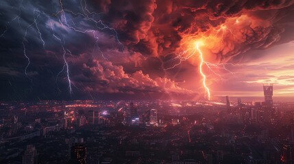 Lightning top view Top view capturing the dramatic spectacle of a lightning storm over a large city, illustrating the raw power of nature Scifi tone, Triadic Color Scheme