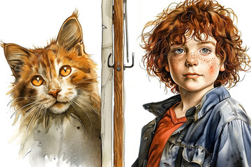 Watercolor vintage illustration for a children's book about two ginger friends - a boy and a cat