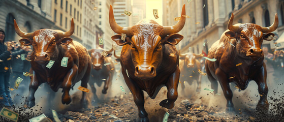 Charging bulls with money flying on a city street.