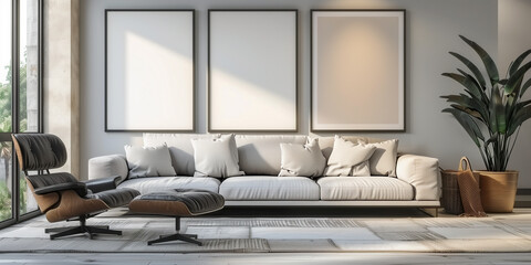 Mockup frame A modern living room featuring a white couch and a chair, complete with sleek design elements