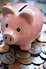 A pink piggy bank stands on top of coins in a closeup shot. The pig's eyes and mouth can be seen through the opening in its head. In front of it is an array of various U.S. coins scattered around it. 