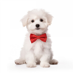 Obraz premium Generative AI: White puppy with red bow tie (Maltese dog).isolated on white background