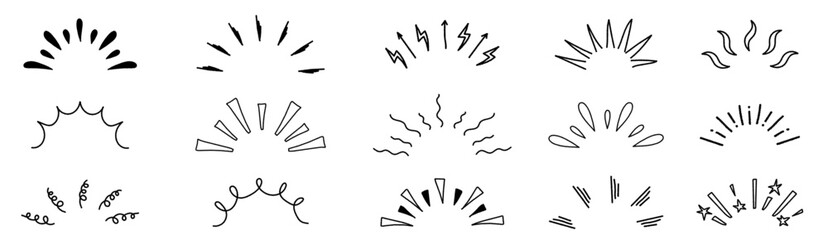 Set of hand drawn shine sunburst sparkle ray elements. Round corner shine. Sunburst sparkle element. Surprise line frame for title headline illustration. Ink or charcoal graphic elements.