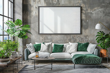 Mockup frame A contemporary living room featuring a vibrant green couch and various green plants, creating a fresh and lively atmosphere