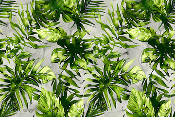 Seamless floral pattern with monstera leaves on a gray background.