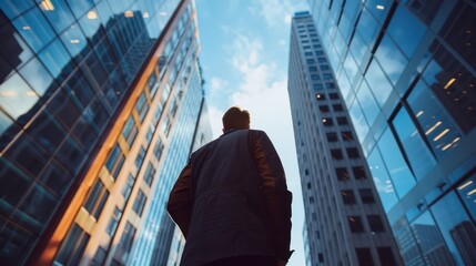 Fototapeta premium A man in a suit stands gazing at towering skyscrapers around him, under a blue sky during sunset