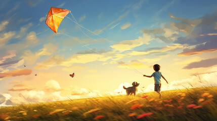 The boy and his dog running and playing with kite in a sunny field of flowers under the blue sky at sunset. generative AI