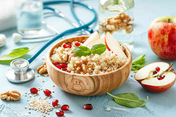 Healthy meal bowl with stethoscope on the side