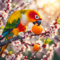 A colourful parrot eating apricots sitting on an apricot tree.

