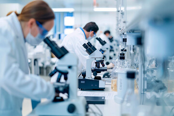 In professional lab setting individual wearing white lab coat focused on microscope. Around other laboratory workers are engaged. Scientific research in progress.