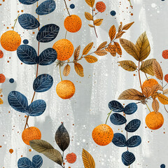 Seamless floral pattern with lemons and branches on a light gray background.