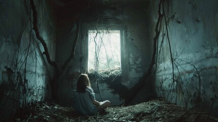 Horror scene of a girl sitting in a dark abandoned room
