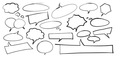 Hand-drawn speech bubbles. Chat balloons. Round frames with clouds of doodles. Vector set.