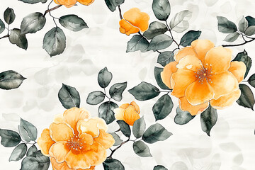 Seamless floral pattern with leaves and flowers on white background. Watercolor painting.