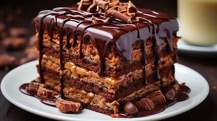 Plate with slice of tasty homemade chocolate cake on table