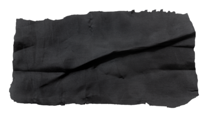 A piece of black satin fabric on a white background. Isolate a crumpled piece of fabric