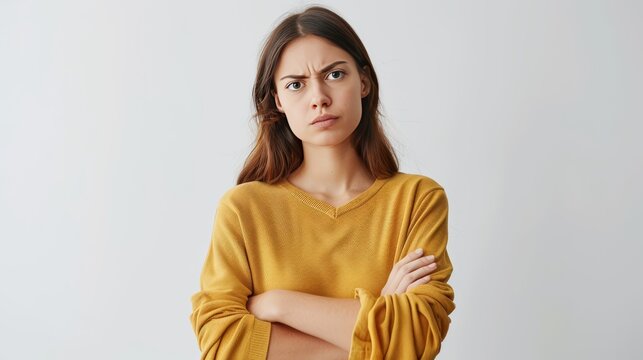 A person crosses their arms looking unconvinced with a raised eyebrow