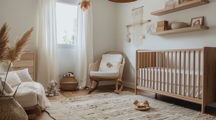 A Scandinavianstyle nursery with neutral tones, a soft area rug, and floating wooden shelves for childrens books