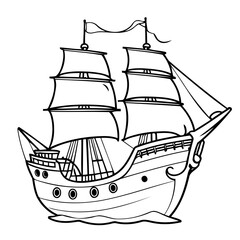 Cute vector illustration PirateShip drawing for toddlers colouring page