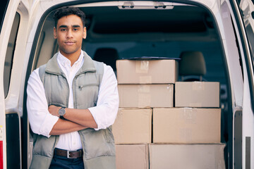 Portrait, delivery man and arms crossed by van for courier, shipping and logistic for products as job. Male driver, service and transportation with truck, car and confident employee with pride