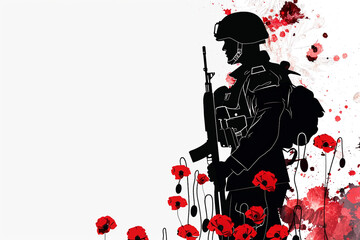 A striking graphic silhouette featuring soldier's gear and red poppies for Memorial Day.