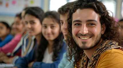 Obraz premium A group of diverse students sitting in a classroom, smiling at the camera.