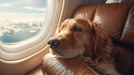 Golden Retriever Gazing Out Airplane Window Above Clouds in Leather Seat Travel Adventure