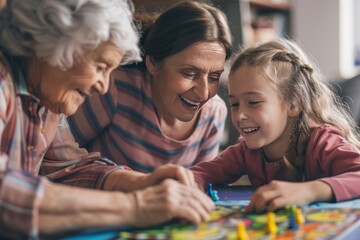Fototapeta premium a photorealistic photo of a happy Grandmother and granddaughter playing board games