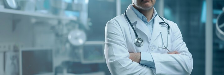 A self-assured medical professional stands with a stethoscope around his neck, arms crossed, in front of a high-tech healthcare setting