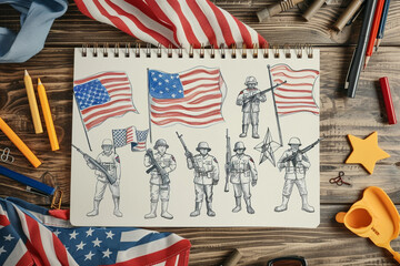 Memorial Day sketches of flags and soldiers arranged poetically in a child's drawing pad.