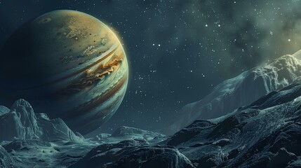 The image shows a beautiful landscape of another planet. There is a huge planet in the sky, and there are mountains and icebergs on the ground.
