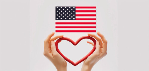 Female hands forming a heart around the US flag, displayed on a minimalist white canvas.