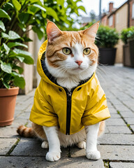 Cute cat in yellow jacket. Generative AI